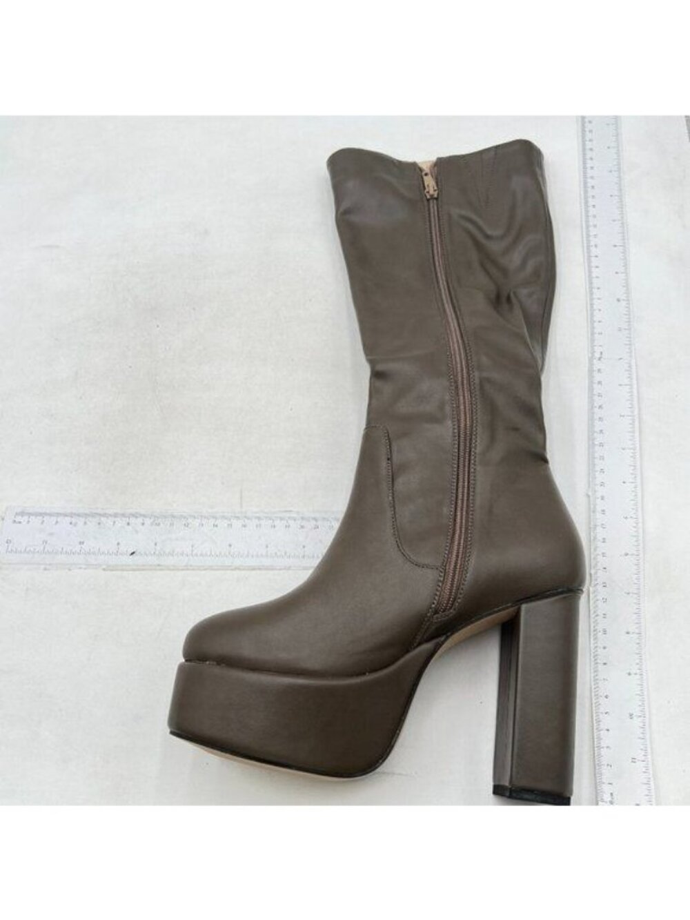 Dark Grey Women Round Toe Platform Side Zipper Chunky High Heel Knee High Boots